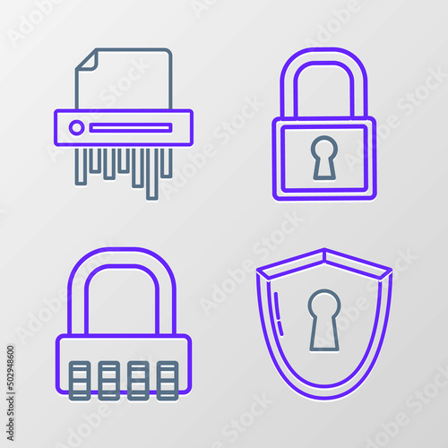 Set line Shield with keyhole, Safe combination lock, Lock and Paper shredder confidential icon. Vector