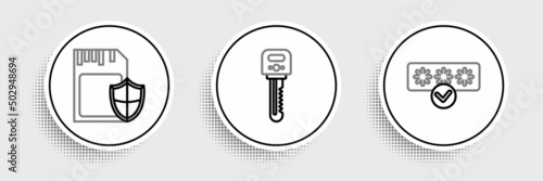 Set line Password protection and safety access, SD card shield and Key icon. Vector