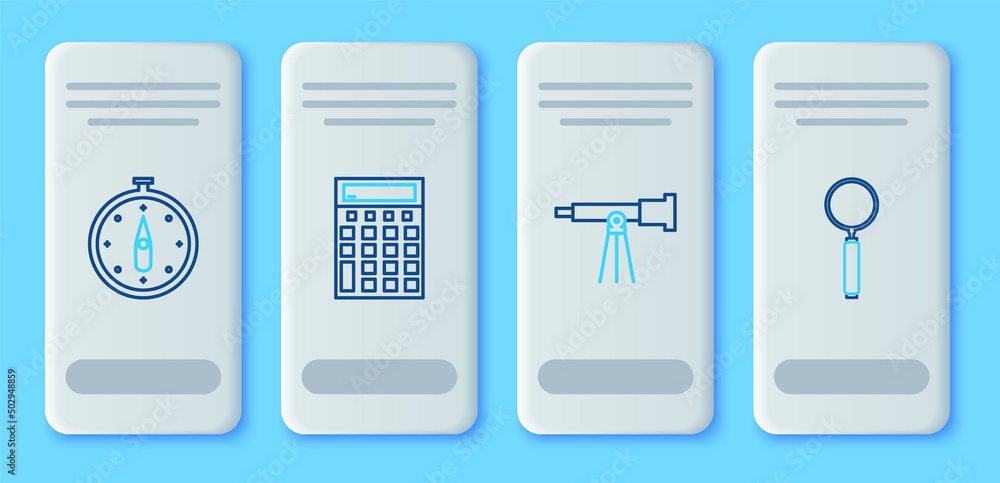 Set line Calculator, Telescope, Compass and Magnifying glass icon. Vector