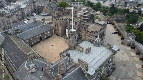 Drone view of the grounds inside Edinburgh Castle, Scotland.