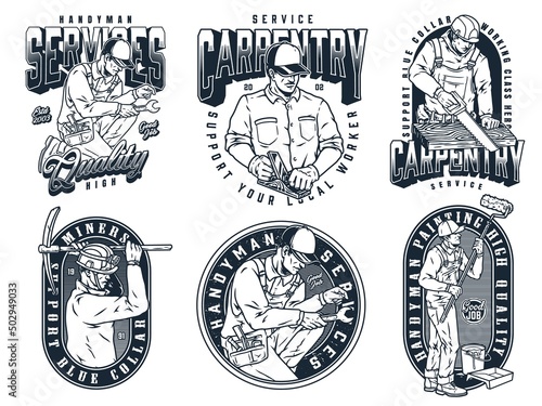Servicemen monochrome vintage badges set