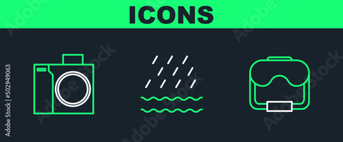 Set line Diving mask, Photo camera for diver and Rain and waves icon. Vector