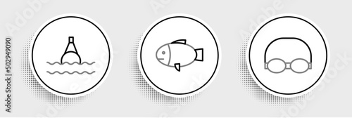 Set line Glasses and cap for swimming, Floating buoy on the sea and Fish icon. Vector