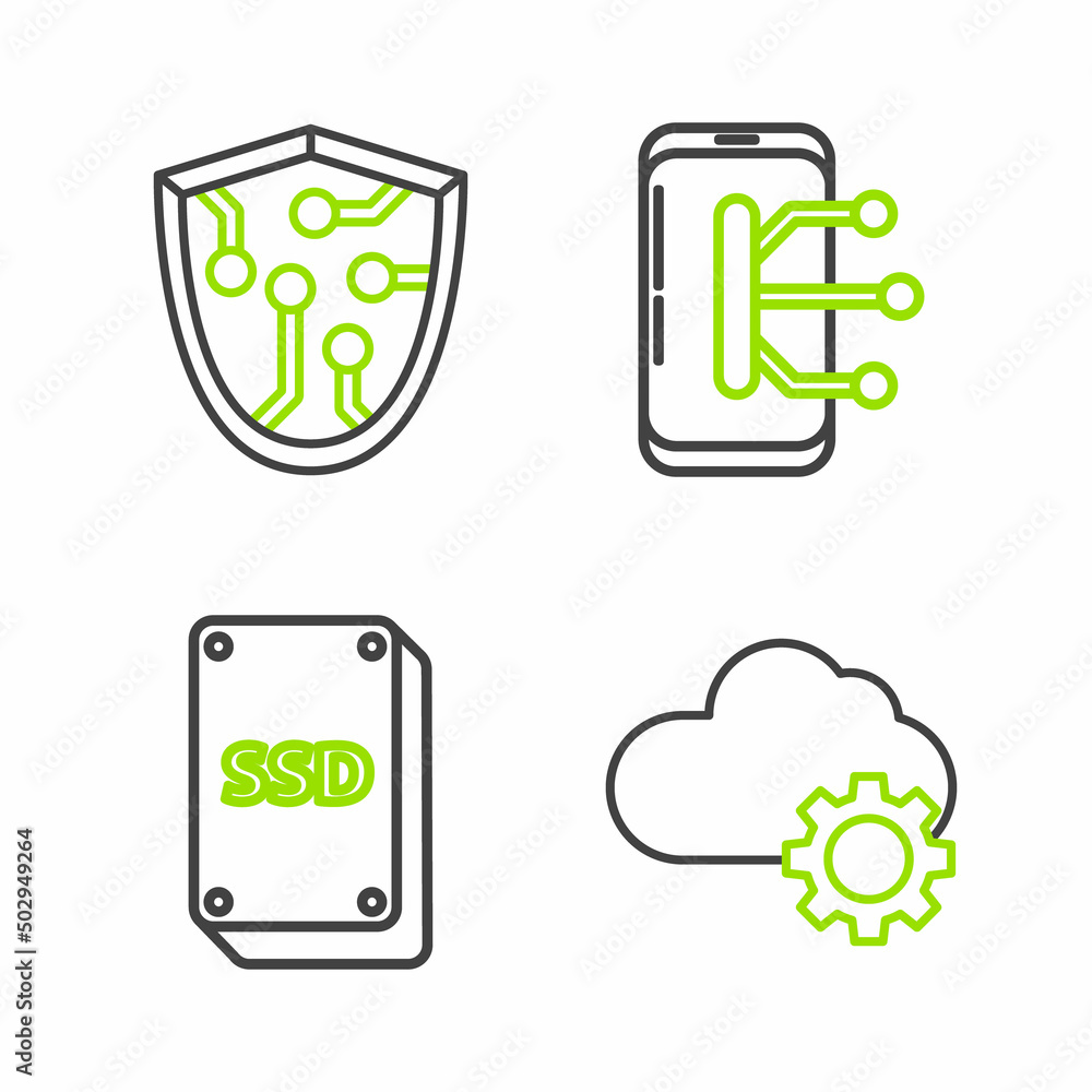 Set line Cloud technology data transfer and storage, SSD card, Smartphone, mobile phone and Cyber security icon. Vector Set line Cloud technology data transfer and storage, SSD card, Smartphone, mobile phone and Cyber security icon. Vector