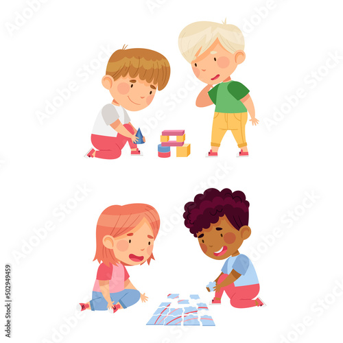 Little children playing toy blocks and solving puzzle together cartoon vector illustration