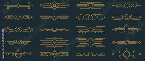 Collection of geometric art deco ornament. Luxury golden decorative elements with lines, ornate corner, borders, frames, headers, dividers. Set of elegant design suitable for card, invitation, poster.