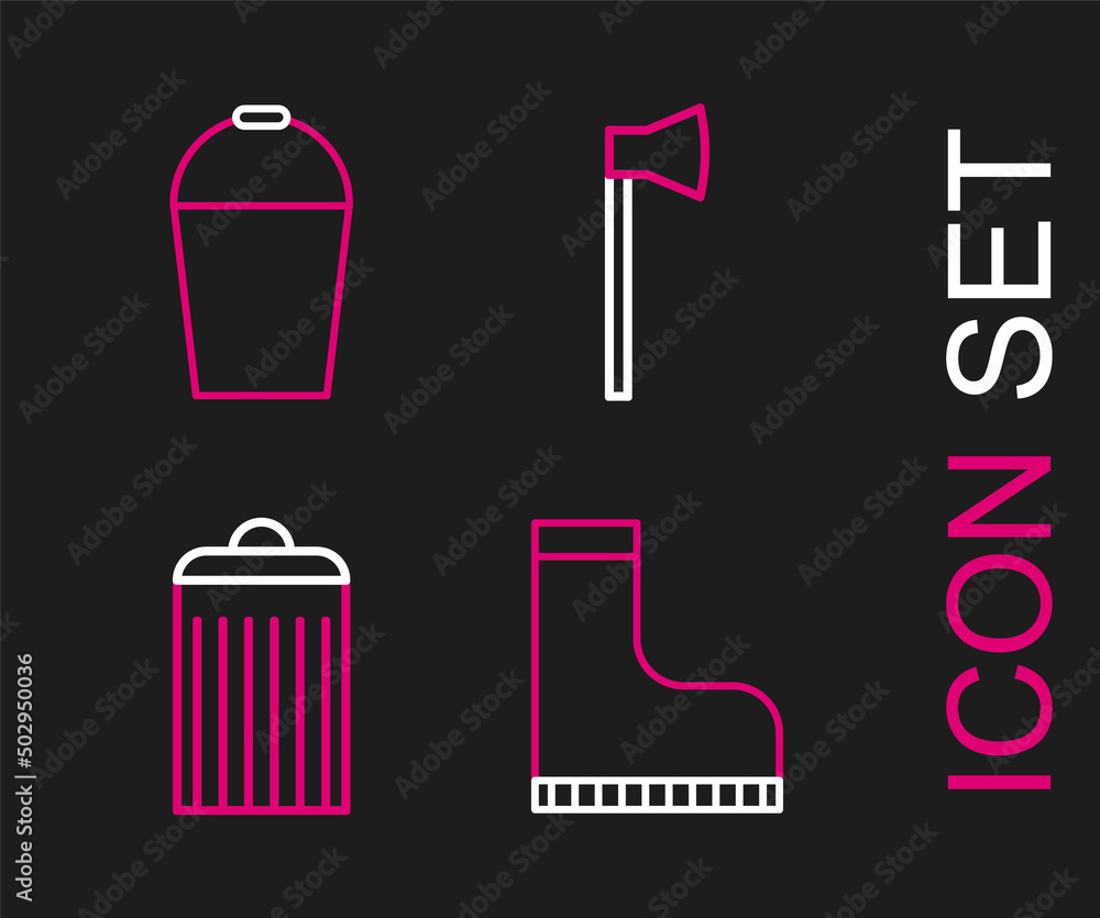 Set line Waterproof rubber boot, Trash can, Wooden axe and Bucket icon. Vector Set line Waterproof rubber boot, Trash can, Wooden axe and Bucket icon. Vector