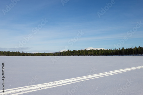 frozen lake with green forest and blue sky, incredible finnish lapland winter landscape