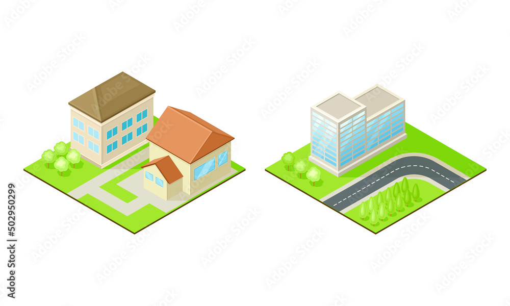 Modern residential and public buildings set. Suburban house exterior vector illustration Modern residential and public buildings set. Suburban house exterior vector illustration
