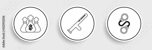 Set line Handcuffs, Money bag and Police rubber baton icon. Vector