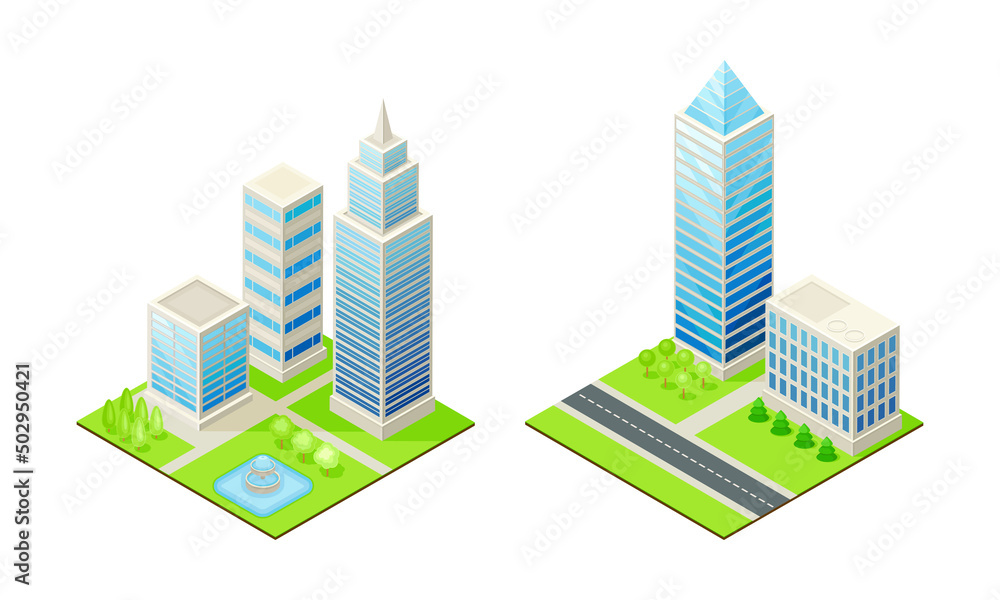 Skyscrapers and modern city houses set. Exterior of urban buildings isometric vector illustration