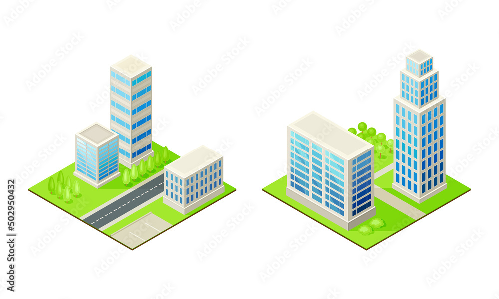 Modern skyscrapers and urban buildings set isometric vector illustration