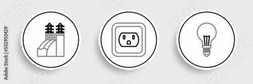 Set line Light bulb with concept of idea, Nuclear power plant and Electrical outlet in the USA icon. Vector