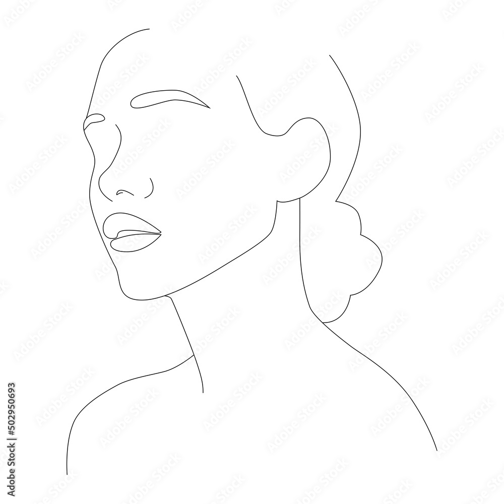 Face drawing line, fashion concept, minimalism of female beauty, vector illustration for T-shirts, graphic printing style. The face is one line. Boho girl. A woman's face. Portrait of minimalism.