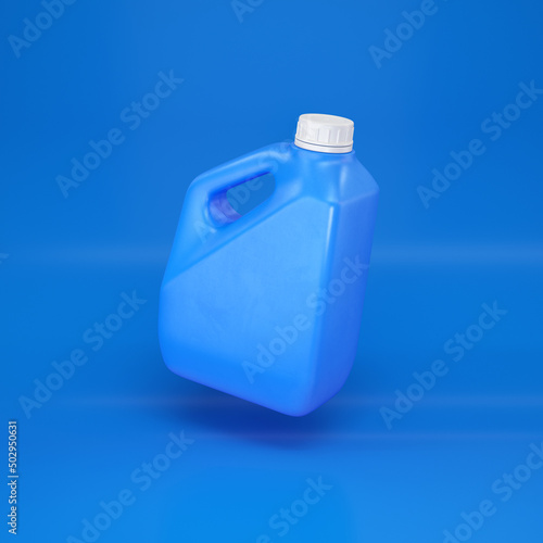 Photography Blue plastic canister floating on a blue background, 3d render