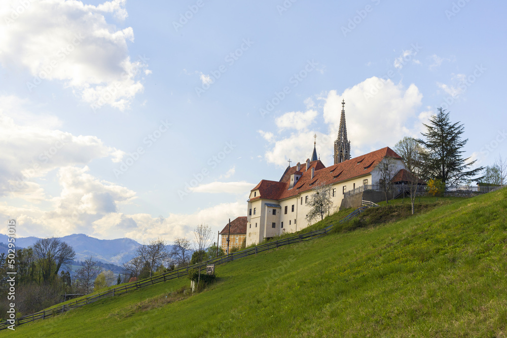 View to white castle on a green hill in daylight in Austrian Alps