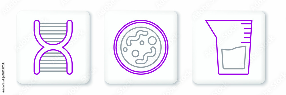 Set line Laboratory glassware or beaker, DNA symbol and Bacteria icon. Vector Set line Laboratory glassware or beaker, DNA symbol and Bacteria icon. Vector