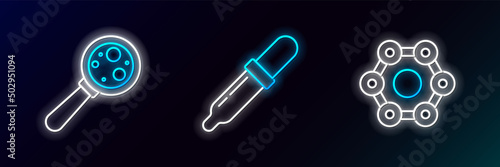 Set line Chemical formula, Microorganisms under magnifier and Pipette icon. Glowing neon. Vector
