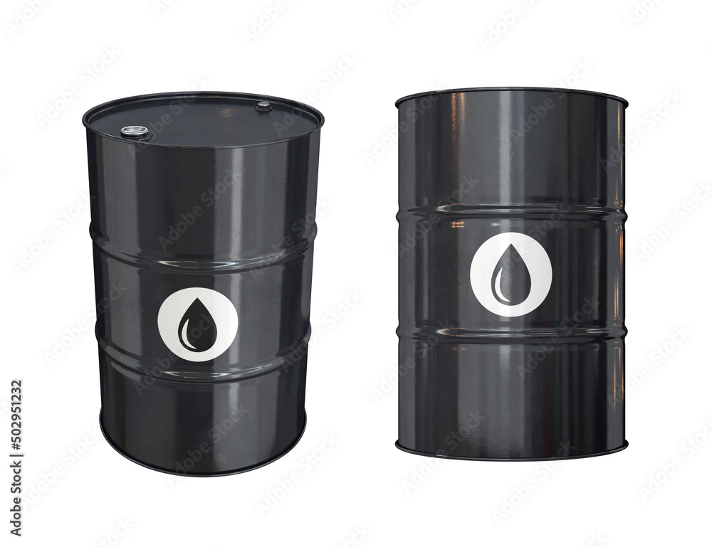 Set of black metal barrels on a white background, 3d render Set of black metal barrels on a white background, 3d render