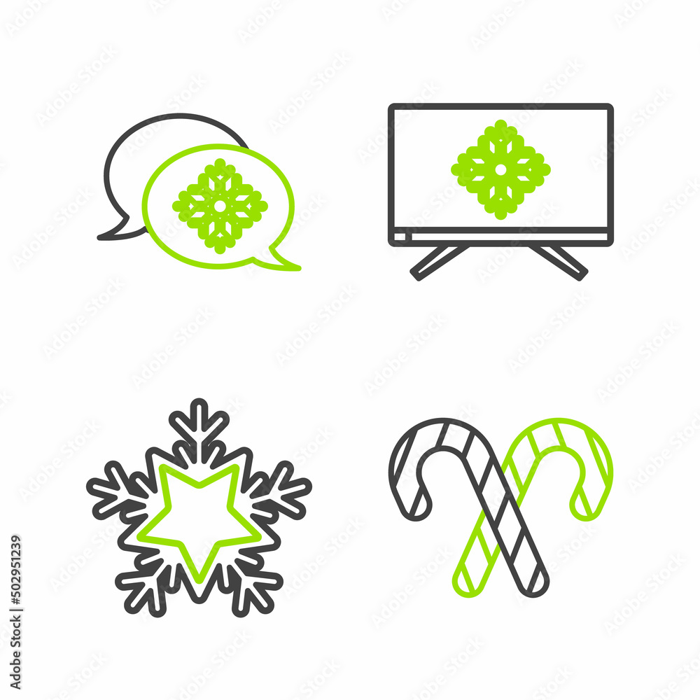 Set line Christmas candy cane with stripes, Snowflake, Merry on television and speech bubble icon. Vector Set line Christmas candy cane with stripes, Snowflake, Merry on television and speech bubble icon. Vector