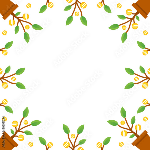 Cartoon style vector square frame template, background with money trees and golden coins.
