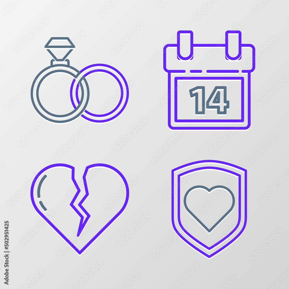 Set line Heart with shield, Broken heart or divorce, Calendar February 14 and Wedding rings icon. Vector