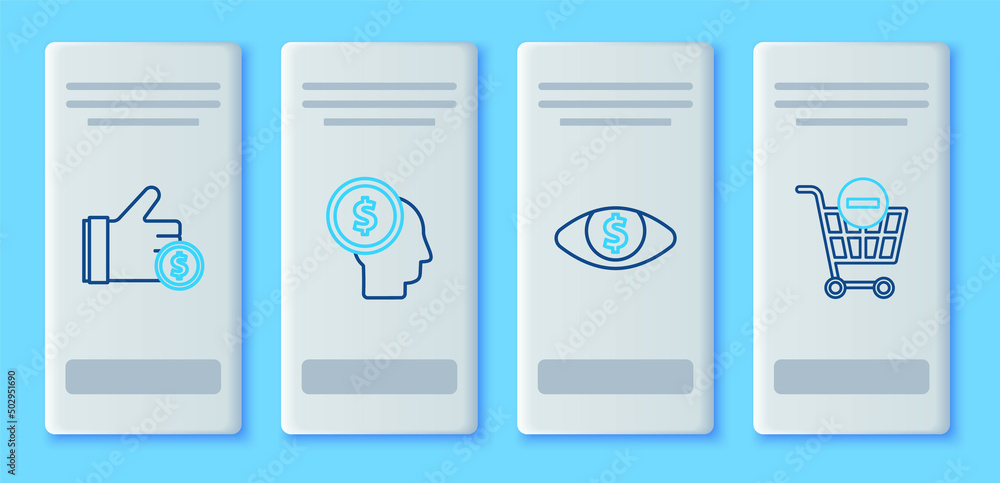 Set line Business man planning mind, Eye with dollar, Hand holding coin and Remove shopping cart icon. Vector