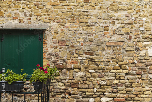 Ancient yellow and brown stones wall with closed green window shutters and red flowers