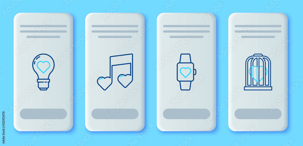 Set line Music note, tone with hearts, Heart in the center wrist watch, shape light bulb and bird cage icon. Vector