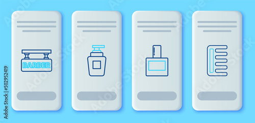 Set line Bottle of shampoo, Aftershave, Barbershop and Hairbrush icon. Vector