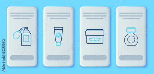 Set line Cream or lotion cosmetic tube, jar, Aftershave bottle with atomizer and icon. Vector