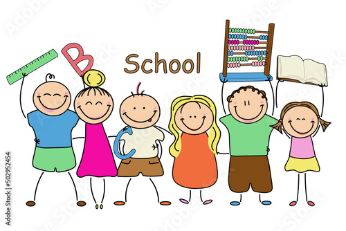 Hand drawn children's characters at school. Classmates with school supplies and the inscription school.