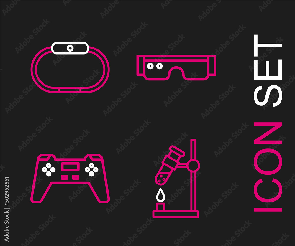 Set line Test tube flask on fire, Gamepad, Smart glasses and Smartwatch icon. Vector Set line Test tube flask on fire, Gamepad, Smart glasses and Smartwatch icon. Vector