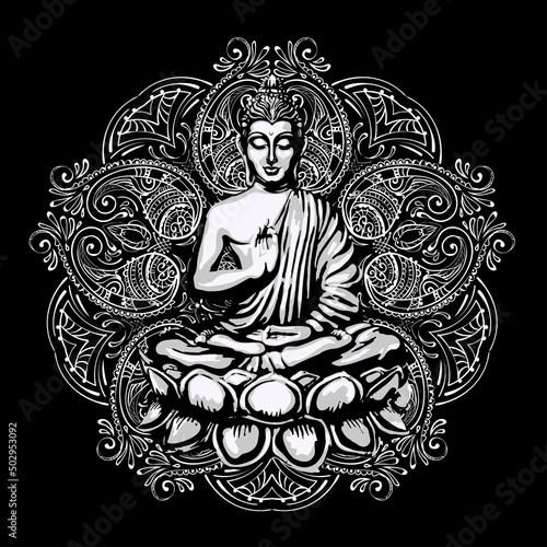 Psychedelic transcendental image of a seated Lord Gautama Buddha in the lotus position with an illuminated face on the background of the mandala