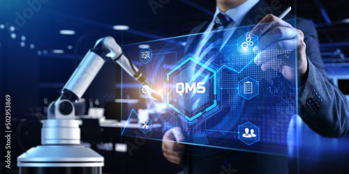 QMS Quality management system. Business industrial technology concept. Cobot 3d render. photo