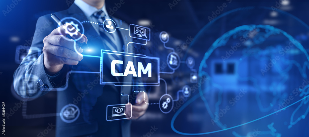 CAM Computer-aided manufacturing software system. Businessman pressing button on screen. CAM Computer-aided manufacturing software system. Businessman pressing button on screen.