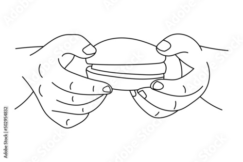 Holding a hamburger outline vector illustration.