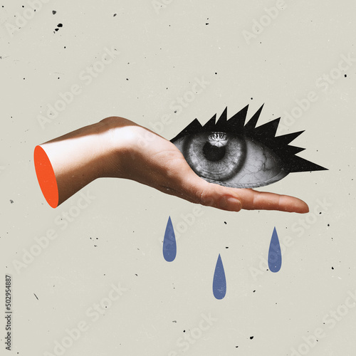 Contemporary art collage. Abstract image of female crying eye lying on hand symbolizing psychological help