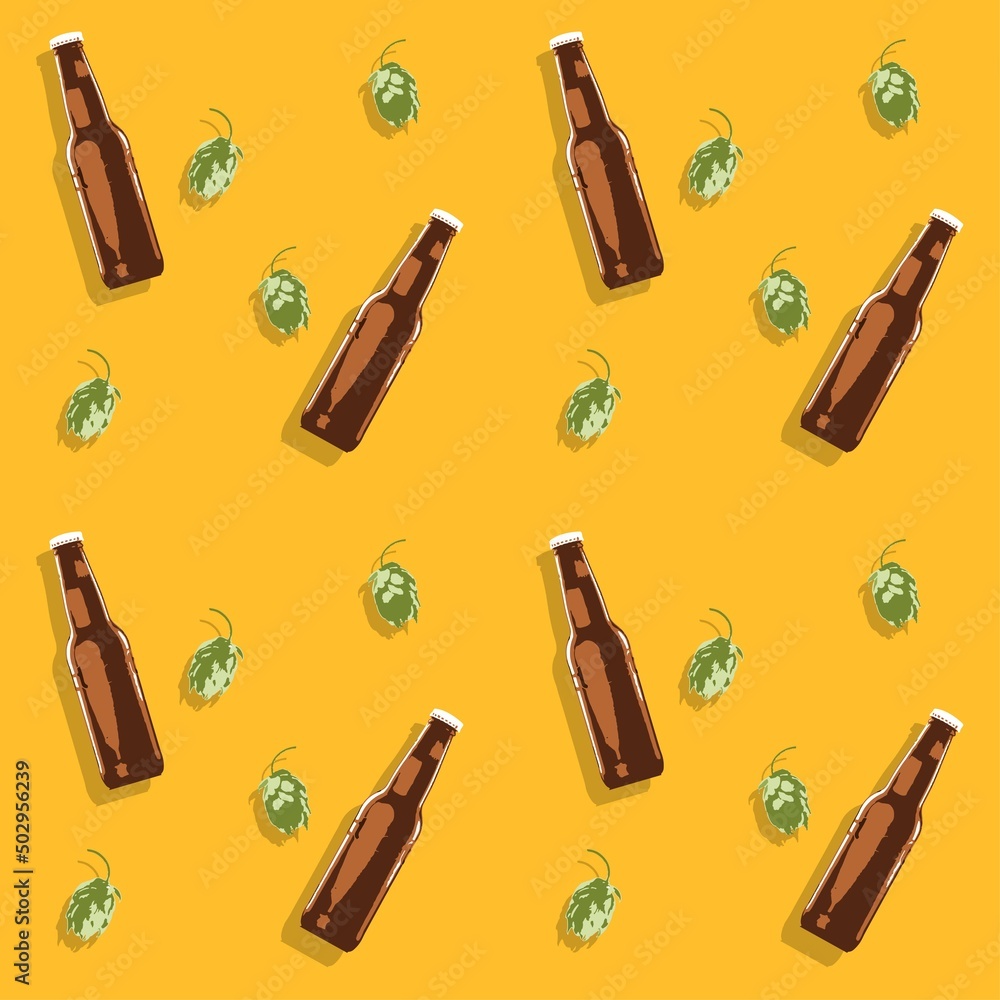 Summer style beer bottle seamless hand drawn pattern, hop beer brewery ...