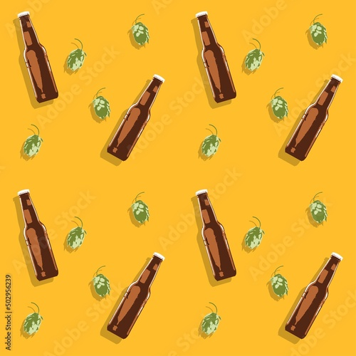 Summer style beer bottle seamless hand drawn pattern, hop beer brewery linear background template, tropical alcoholic drink icons repetitive vector illustration design, repeat doodle style wallpaper