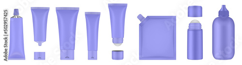 Set of violet tubes and bottles. Roller ball tube. Body antiperspirant deodorant roll-on, open and closed blank tubes with screw cap. Realistic mockup. Eye Cream Roll Ball. Applicator. Spouted pouch