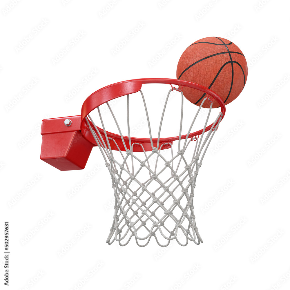 Red basketball rim with a ball bottom view on a white background, 3d render