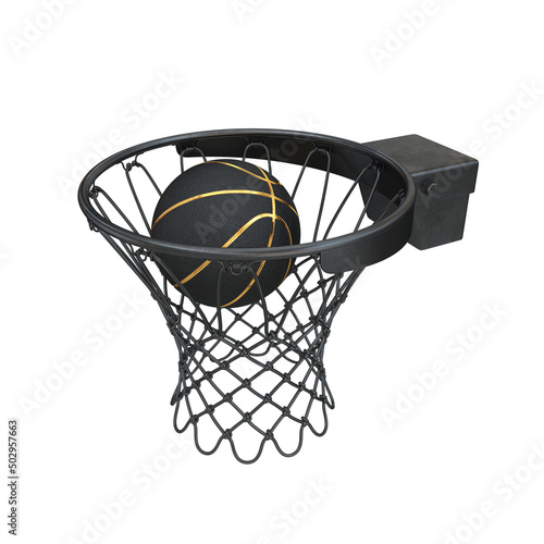 Basketball in a black rim on a white background, 3d render © salamahin