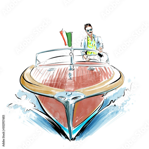 Fényképezés Illustration of a gentleman at the helm of an italian speedboat, cutting through the water of one of the famous italian lakes
