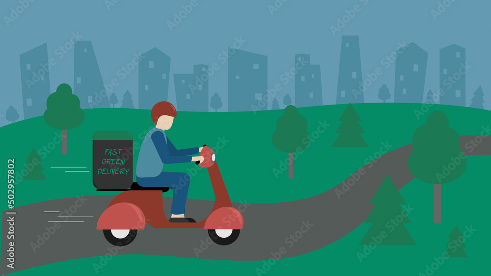 Courier on scooter deliver food In city. Fast ecological green food delivery service, motorbike driver courier. Vector illustration in flat style