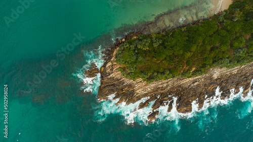Sea coast, landscape with rocks and the ocean, shot from a drone, travel photo.