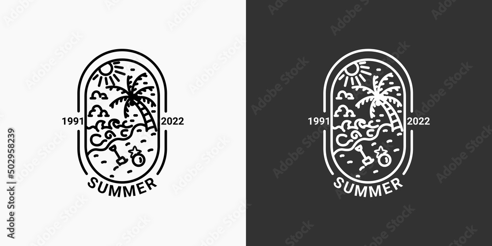 Obraz premium Simple summer logo with lines, beach icon in a minimal linear style, available in black and white, coconut tree, sea, sun