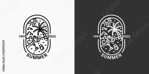 Simple summer logo with lines, beach icon in a minimal linear style, available in black and white, coconut tree, sea, sun
