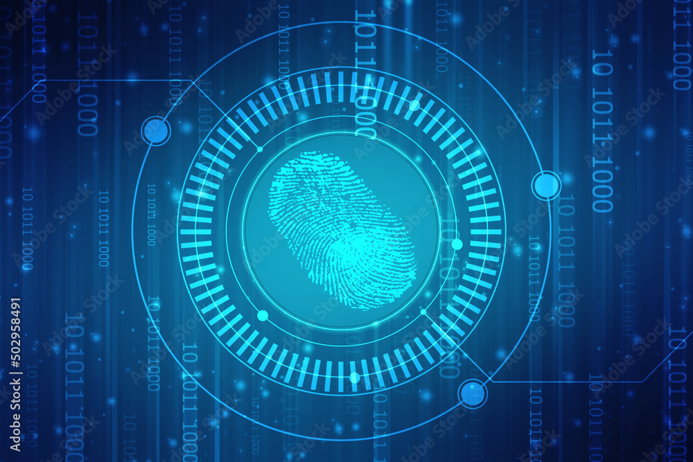 Obraz premium Abstract security system concept with fingerprint on technology background, Fingerprint Scanning Identification System. Biometric Authorization and Business Security Concept