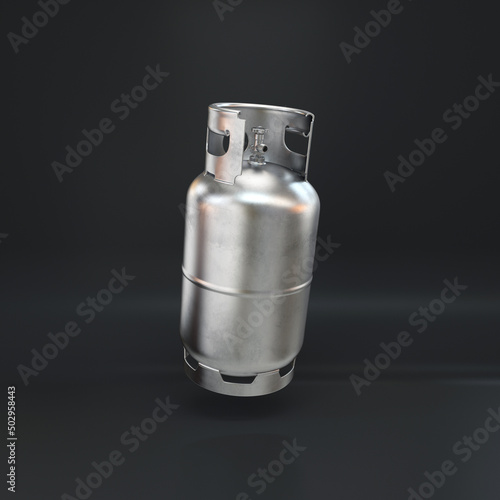 Silver gas cylinder floating on a black background, 3d render